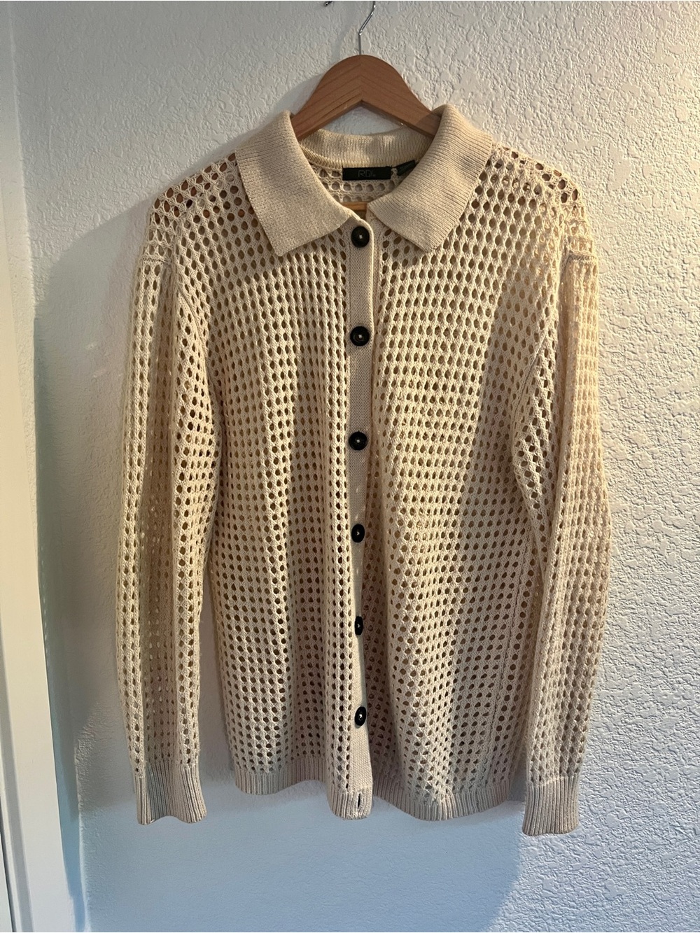 RDI Cream Open Knit Collared Button-Down Cardigan Sweater M